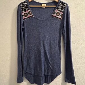 Daytrip Blue Marled Long Sleeve Thermal Top Tribal Beaded Embellished Size M